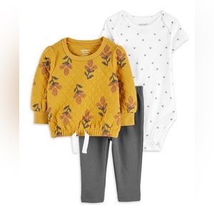 Carter’s 3 Piece Set Quilted Top Matching Onesie  And Grey Pants Size 0-3 Months